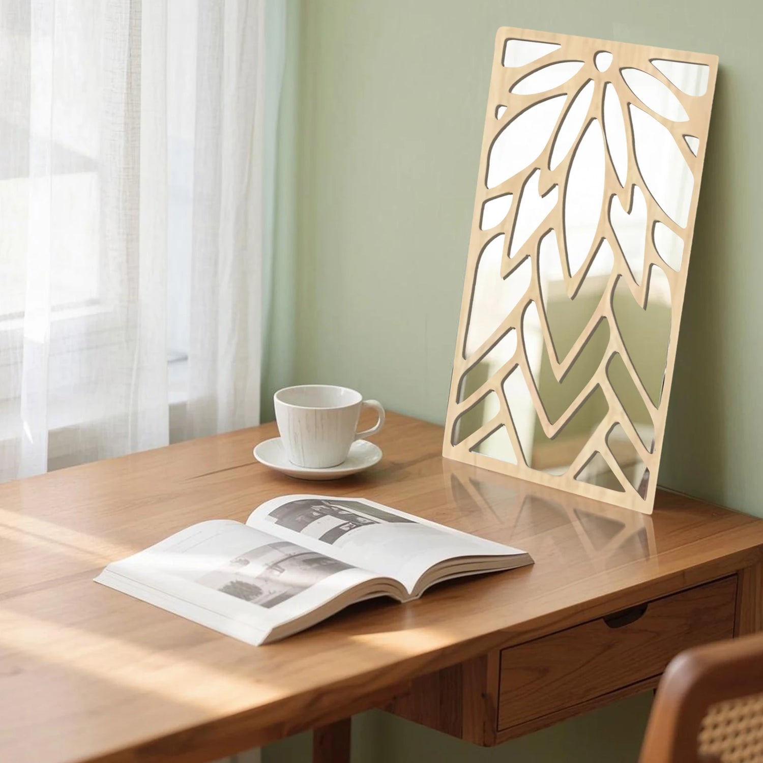 Miroir mural bois acrylique double couche design feuille - Miroirlume