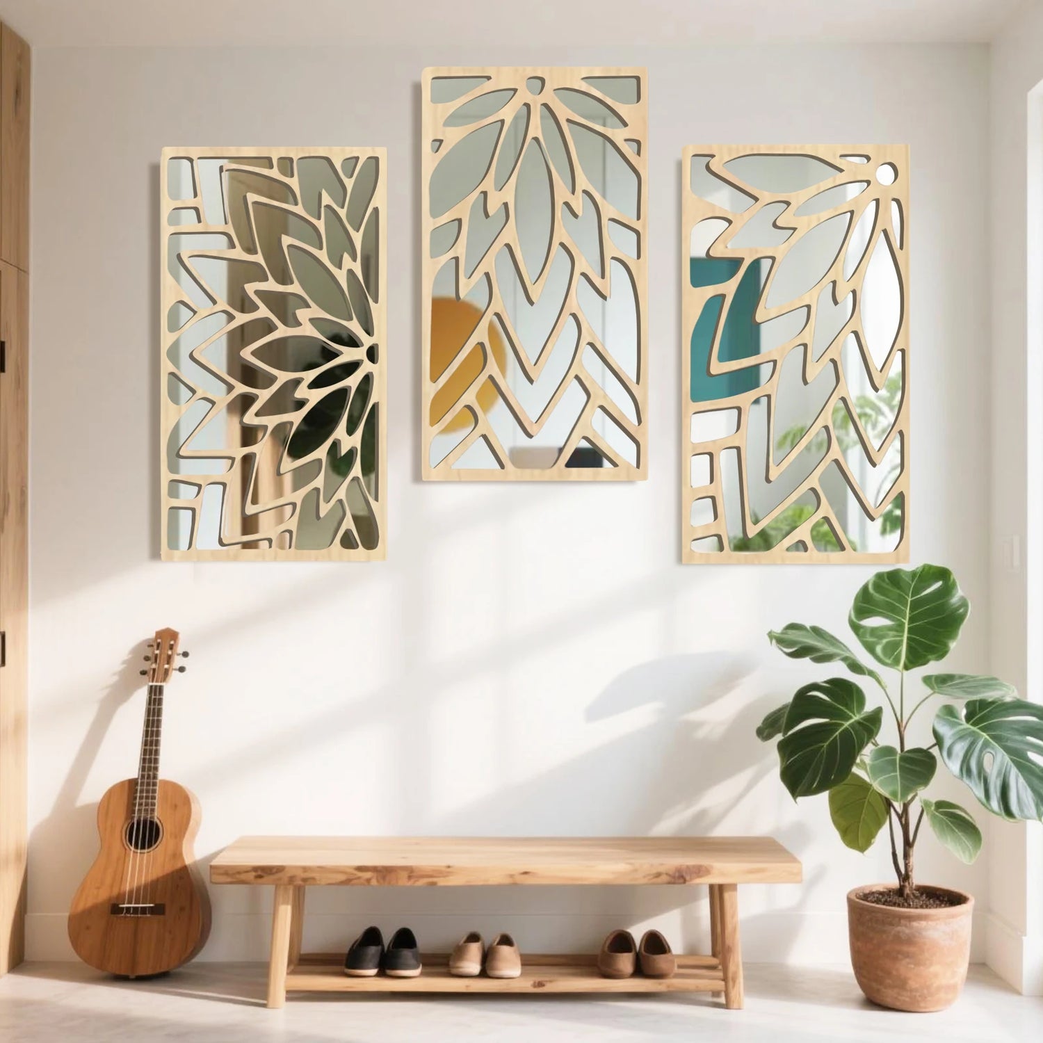 Miroir mural bois acrylique double couche design feuille - Miroirlume