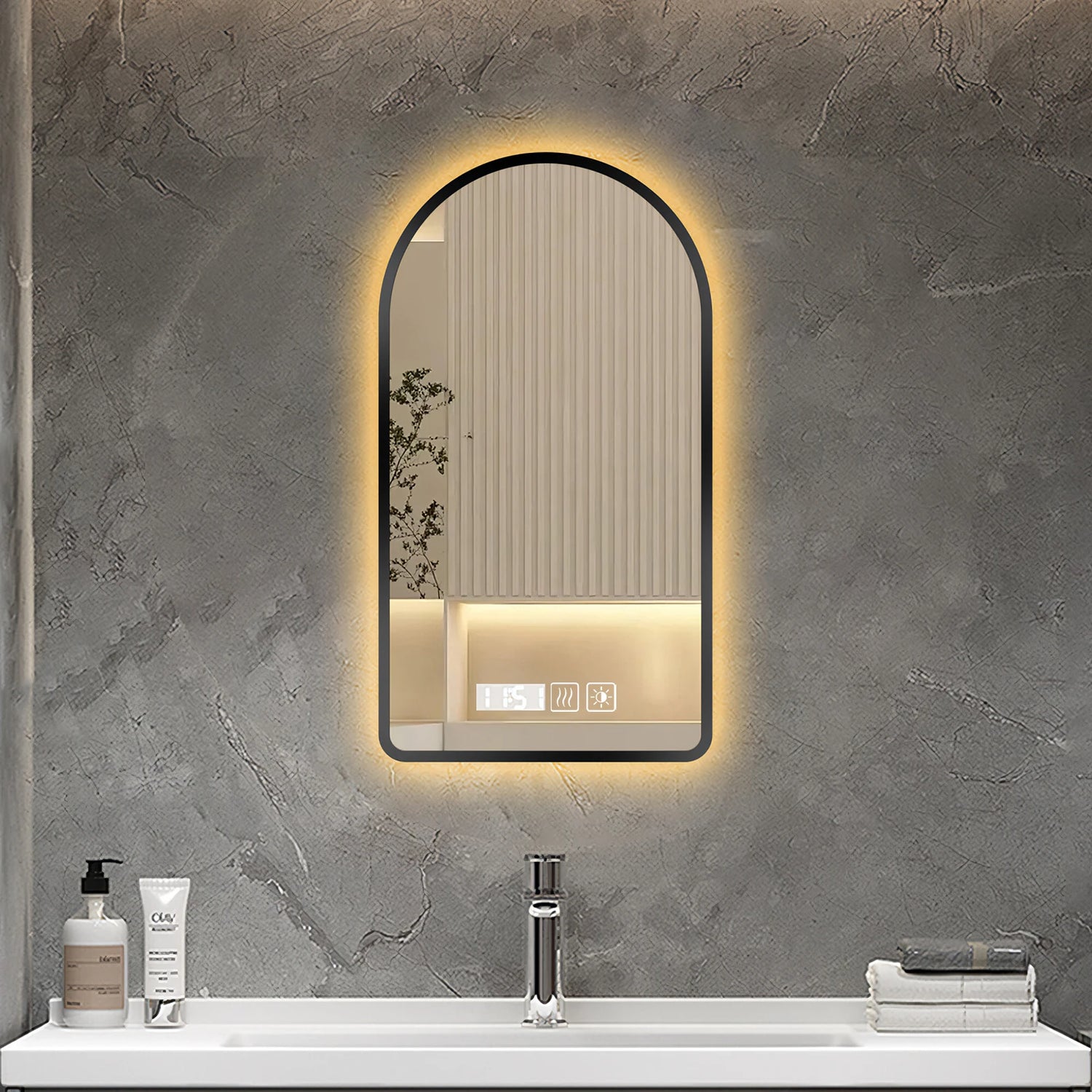 Miroir LED mural anti - buée tactile cadre noir - Miroirlume